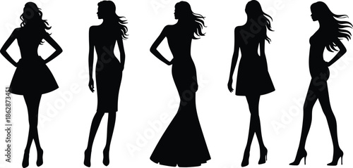Silhouettes of stylish women in elegant poses and dresses, ideal for fashion, modeling, and design illustration projects.
