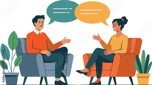 Two people talking in armchairs with speech bubbles, ideal for communication, counseling, and interview-themed design projects.