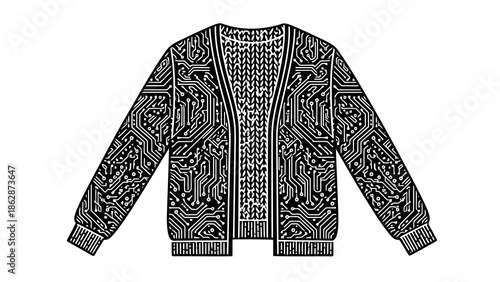 Black and white cardigan with circuit board pattern