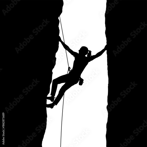 Silhouette of a Climber Rappelling Down a Rock Face.