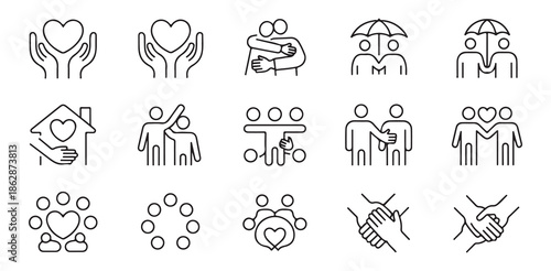 Collection of vector icons representing love friendship and care in simple line art style