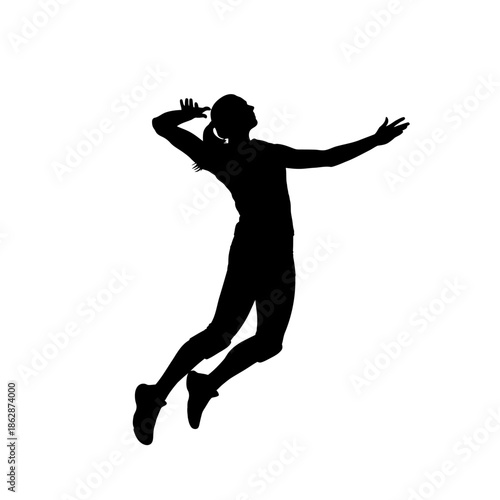 Silhouette of a female volleyball player spiking the ball mid-air.