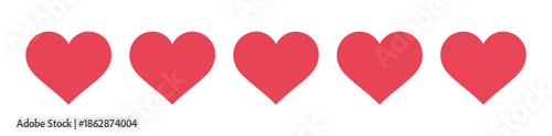 Graphic illustration of five slightly pinkish red heart icons used as favorite buttons or satisfaction rating vector graphics