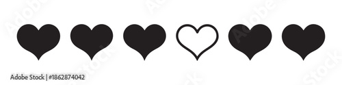Set of six simple heart icons in black color representing love rating like favorite or like symbol on white