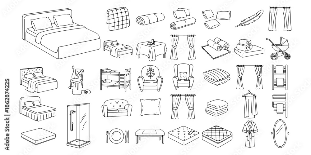 Fototapeta premium Furniture Icons Set, Bedroom and Interior Design Elements, Outline Style