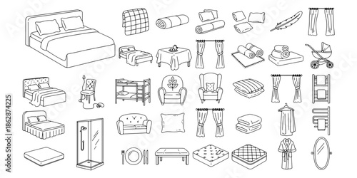 Furniture Icons Set, Bedroom and Interior Design Elements, Outline Style