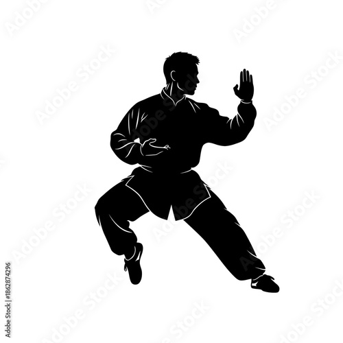 Silhouette of a man practicing martial arts in stance.