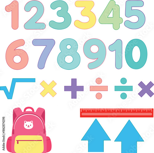 Colorful pastel school education vector set with numbers math symbols backpack and ruler for children learning and classroom design.