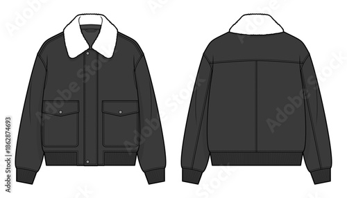 Black Shearling Collar Bomber Jacket Technical Fashion Illustration. Unisex Aviator Jacket with Faux Fur Collar, Snap Button Front, Flap Pockets, Ribbed Hem and Cuffs. Front and Back Views. CAD Mockup