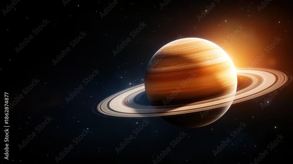 Fototapeta premium A breathtaking image of planet Saturn with its iconic rings illuminated by distant starlight, showcasing the majesty of the universe and the wonders of celestial bodies in deep space.
