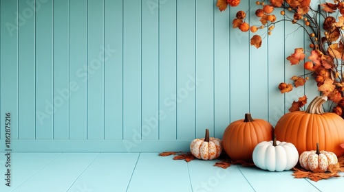 An elegant autumn display showcasing colorful pumpkins and dried leaves, creating a warm and inviting atmosphere that highlights the beauty of the fall season and seasonal festivities.