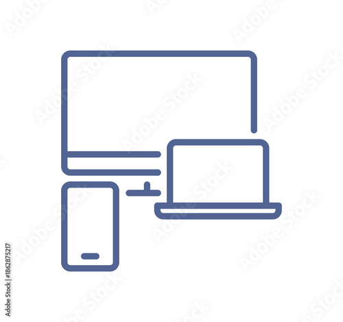 Responsive design icon with desktop laptop tablet and smartphone, cross platform compatibility, multi device digital interface line isolated on white background flat vector illustration.