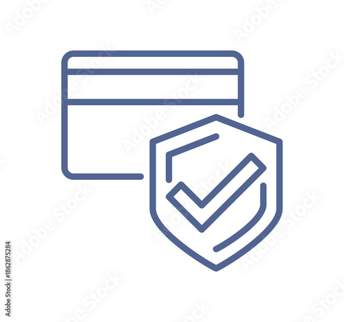 Secure credit card payment icon with shield and check mark, online transaction protection, banking security, verified financial data, safe digital commerce line flat vector illustration.