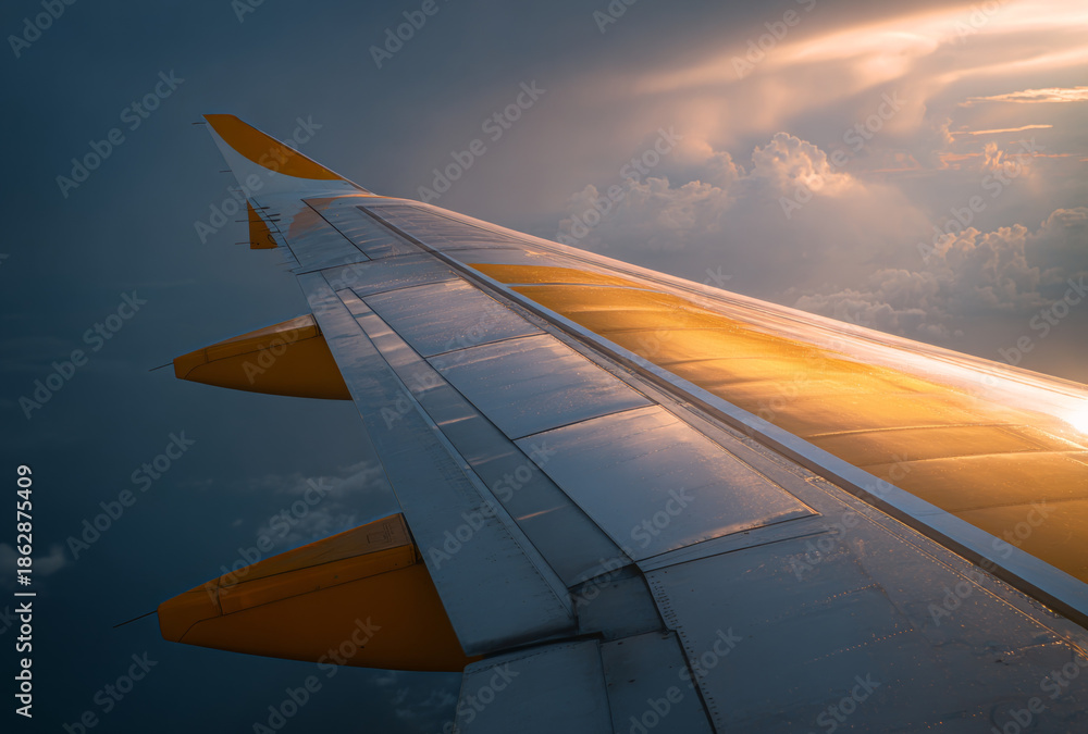 Fototapeta premium Airplane wing with metallic surface and orange wingtip flying through the sky at sunset, illuminated by golden sunlight