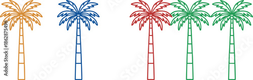 Minimalist palm tree vector icon set featuring colorful tropical summer tree outlines in orange blue red and green for vacation travel design.
