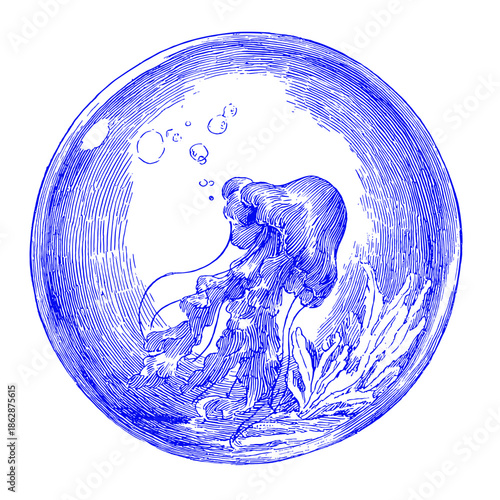 Intricate Blue Ink Drawing of a Jellyfish in Circular Composition