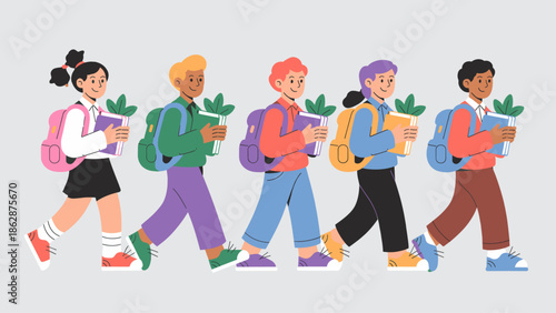diverse group of students walking with backpacks and books vector illustration