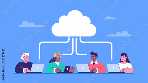 diverse team working on laptops connected to the cloud vector illustration 