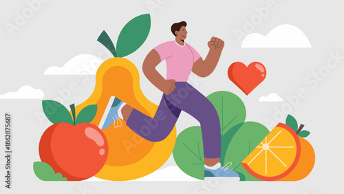 man running with fruits and a heart vector illustration, a healthy lifestyle, fitness, and nutrition