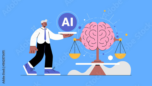man balancing a brain on a scale with an ai symbol vector illustration 