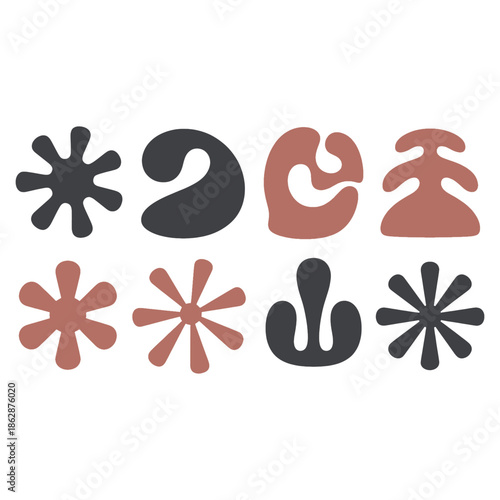 Abstract shapes in black and brown colors arranged in a grid pattern