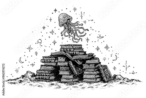 Surreal Jellyfish Rising Above Old Books