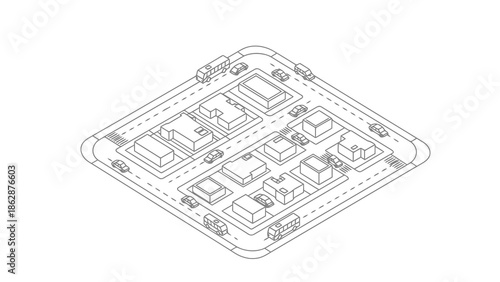 Isometric view of city block with buildings and vehicles