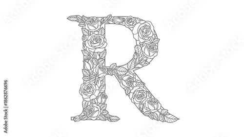 Floral letter r illustration on white background