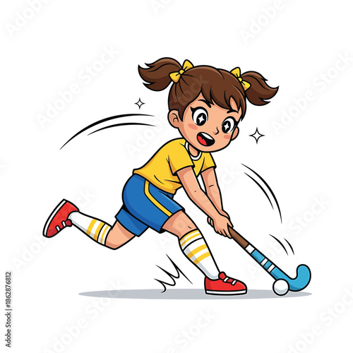 Young girl playing field hockey with stick and ball.
