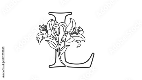 Beautiful lily flowers in vase with letter l