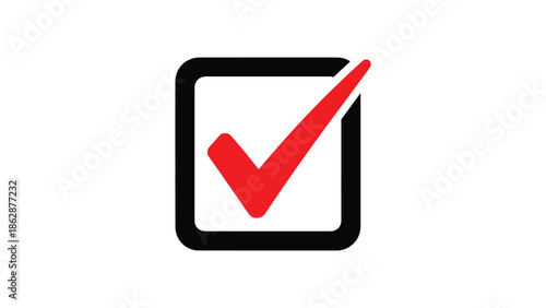 Bright red checkmark inside bold black square outline icon