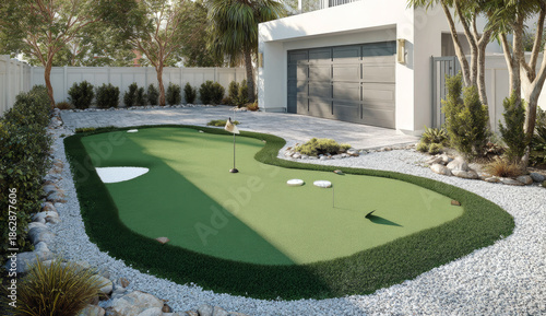 Artificial grass mini golf putting green installed in a modern backyard with decorative rocks and trees