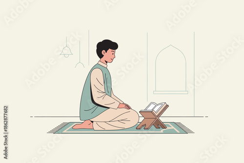 Muslim Man Reading Quran During Ramadan Flat Illustration
