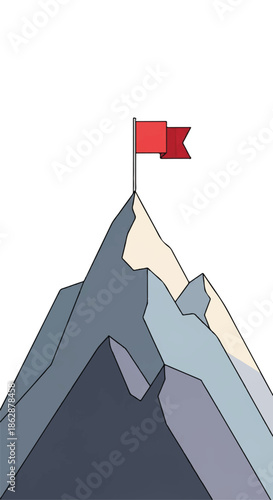 Snowy mountain summit with a red flag planted at the peak in a stark alpine landscape.