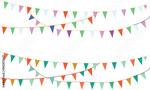 Colorful bunting flags hanging as decorations on a plain white background image