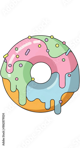 Colorful cartoon donut with pink glaze and sprinkles, dripping icing in a playful illustration.