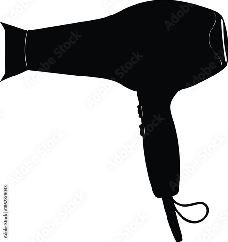 A sleek black silhouette of a modern hair dryer isolated on white