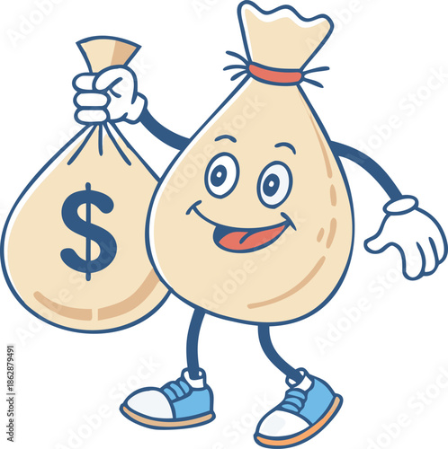 A cheerful cartoon money bag character happily carries a bag full of