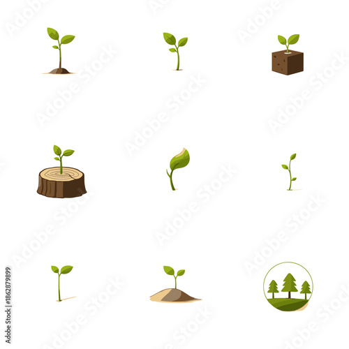 Wood log and tree stump icon set with growth rings and timber elements