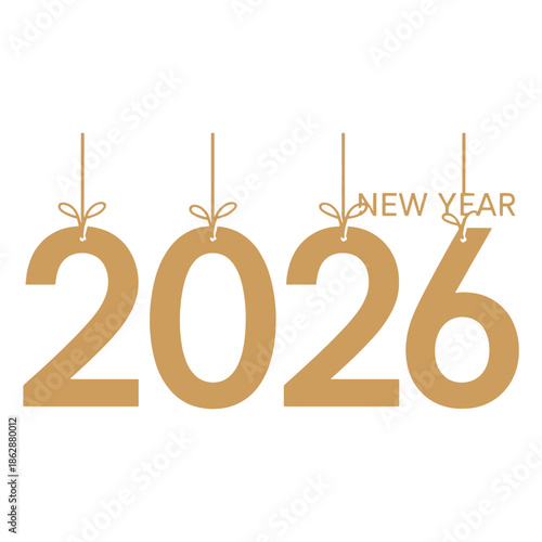 Gold New Year 2026 Text with Hanging Decorations celebration