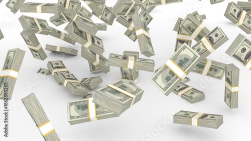 Bundles of one hundred dollar bills fall