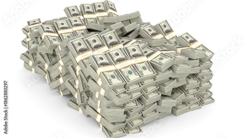 Bundles of one hundred dollar bills fall