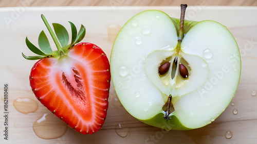 close up of a strawberry on a wooden table, strawberry and melon, close up of strawberry on green grass
