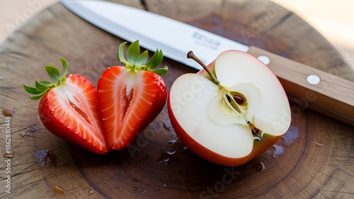 close up of a strawberry on a wooden table, strawberry and melon, close up of strawberry on green grass