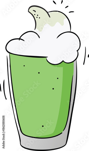 A vibrant green beverage in a glass with a creamy foam topping
