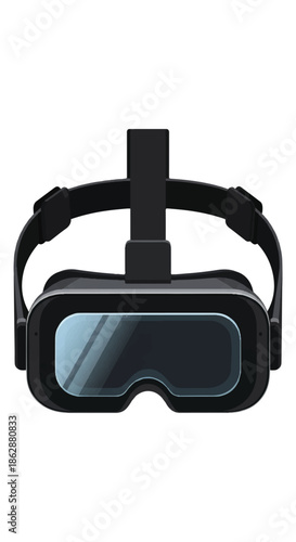 Virtual reality headset with adjustable strap and lenses, displayed against a white background for immersive viewing technology.