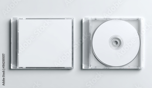 Blank white cd case mockup with an open case revealing a white blank disc on a clean white background