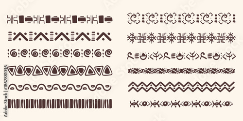 Set african tribal ethnic border, divider doodle hand drawn from geometrical shapes isolated. Boho motif scandinavian srtoke, traditional native decor.