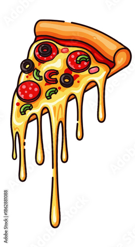 Melting cheese pizza slice with toppings and dripping cheese on white background.