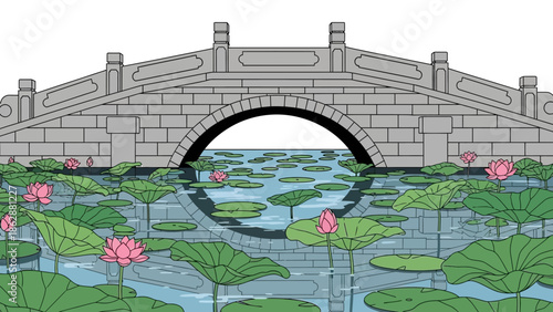 Tranquil Stone Arch Bridge Over Lotus Pond with Pink Flowers